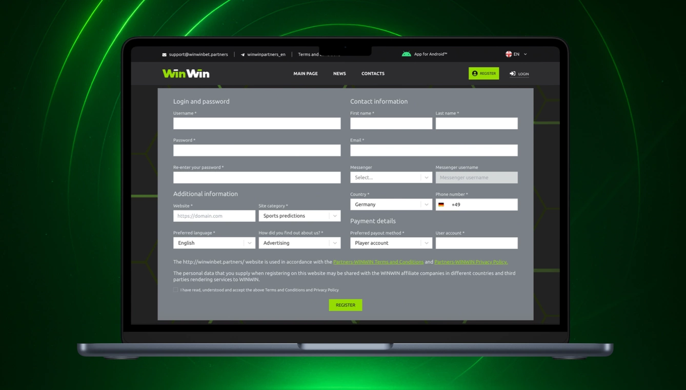 Winwinbet Affiliate Registration page